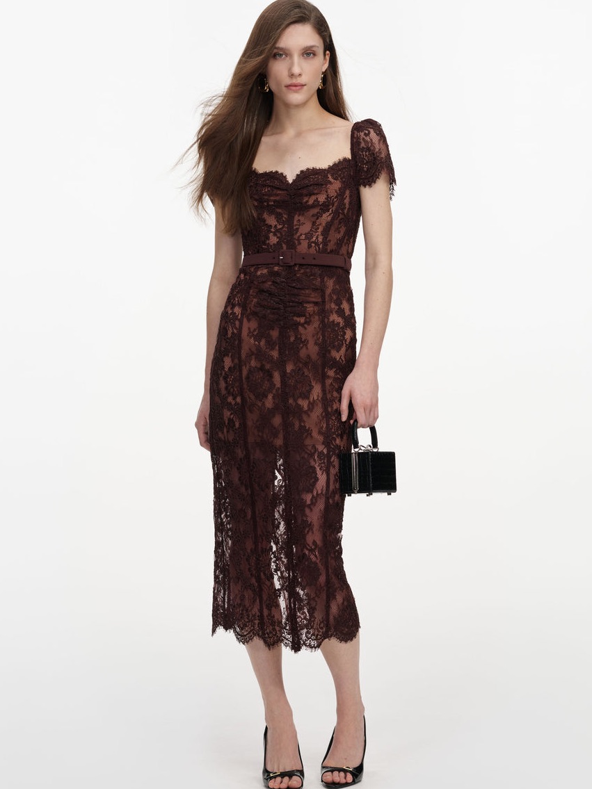 Nwot Self-Portrait Brown Floral Lace Midi Dress